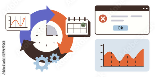 Circular process with arrows, clock, gears, charts, error message, and calendar. Ideal for workflow, time management, productivity planning analytics troubleshooting and process optimization