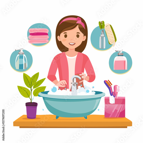 Educational vector animation of proper personal hygiene steps—bathing, trimming nails, and wearing clean clothes