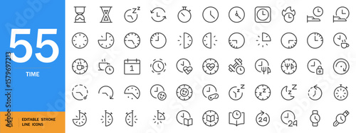 Time icon set. Minimalist vector clock symbols. Includes hourglass, calendar, watch hands, sleep tracking, digital clocks, rest periods and more. Editable flat line art.