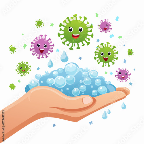 Cute vector animation of cartoon germs disappearing after soap is applied to hands