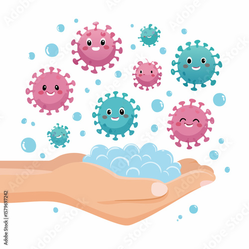 Cute vector animation of cartoon germs disappearing after soap is applied to hands