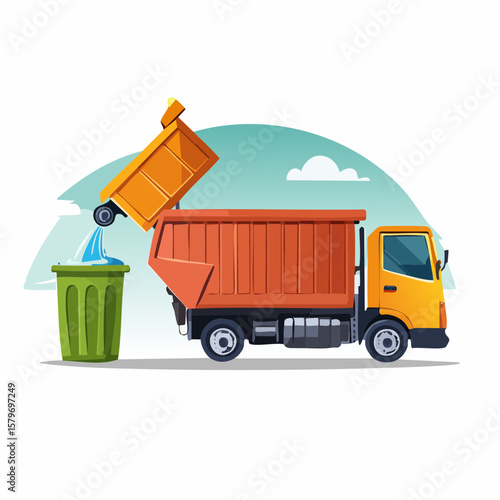 Vector-style animation of a trash can being emptied into a garbage truck, promoting proper waste disposal