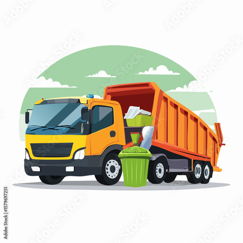 Vector-style animation of a trash can being emptied into a garbage truck, promoting proper waste disposal