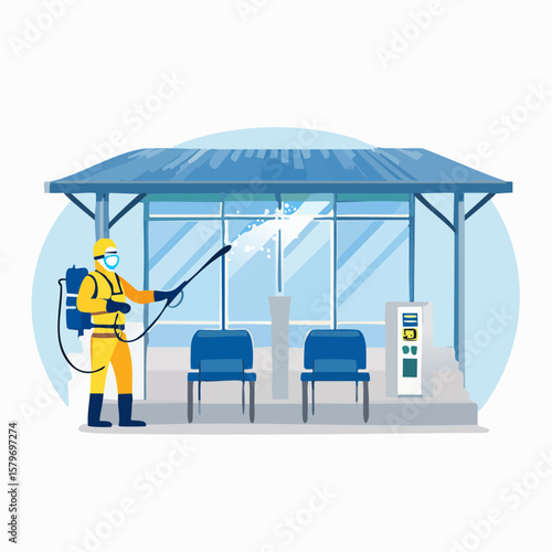 Flat vector loop of a public place being disinfected by a worker in protective gear using a spray gun