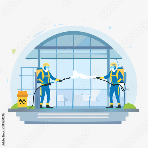 Flat vector loop of a public place being disinfected by a worker in protective gear using a spray gun