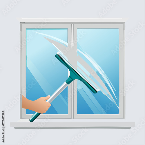 Clean vector-style animation of someone cleaning a window with a squeegee, showing sparkling glass