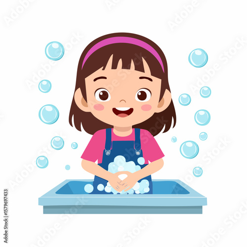 Vector-style animation of a child washing hands with soap and water, with clear water splashes and bubbles