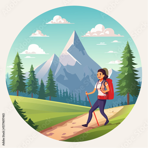 A vector-style animation of a person hiking up a mountain trail, with a scenic background of tall mountains, pine trees, and clouds in the sky. The hiker is wearing a backpack and outdoor gear