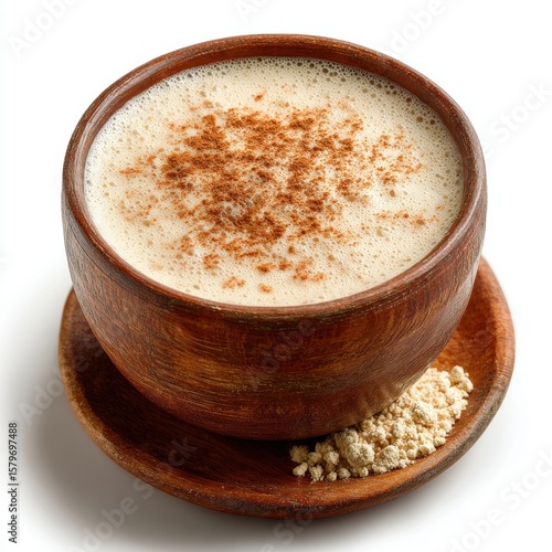 Creamy Maca Latte in Wooden Bowl with Cinnamon, Aromatic and Delicious Beverage for Wellness and Energy, Healthy Drink for Breakfast or Snack on White Background, Close Up