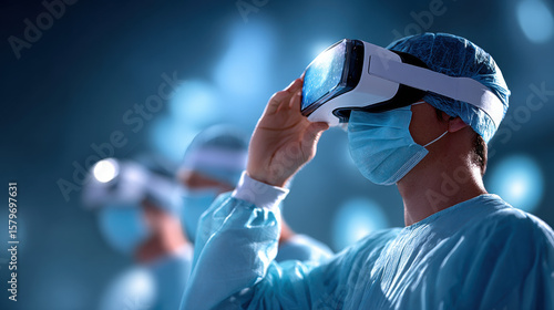Surgeon operating room using virtual reality headset for medical training or surgical planning, wearing surgical mask and gown, with another medical professional background, high tech medical