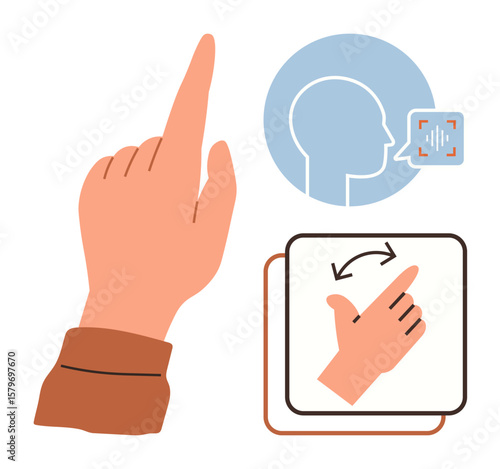 Hand pointing upward, head with voice recognition symbol, swiping gesture in a box with arrows. Ideal for communication, control, AI, interface design, gestures accessibility education. Clean flat