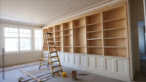 Built in bookshelves being meticulously installed in bright room with large windows, featuring combination of open shelves and cabinet doors, creating functional and elegant storage space