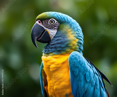 Wallpaper Mural A vibrant parrot with a striking blue and yellow plumage showcases its elegant features against a lush green backdrop, evoking nature and wildlife. Torontodigital.ca