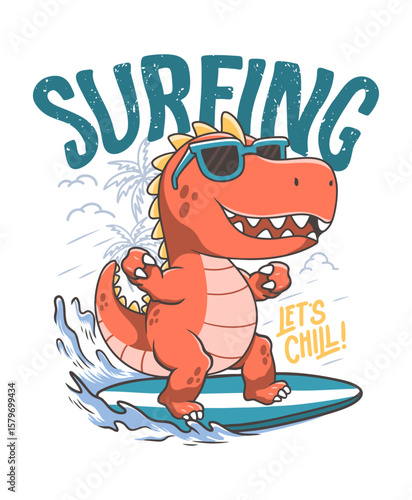 Photography Dinosaur surfing hand drawn illustration, ready for print on t-shirt and other uses
