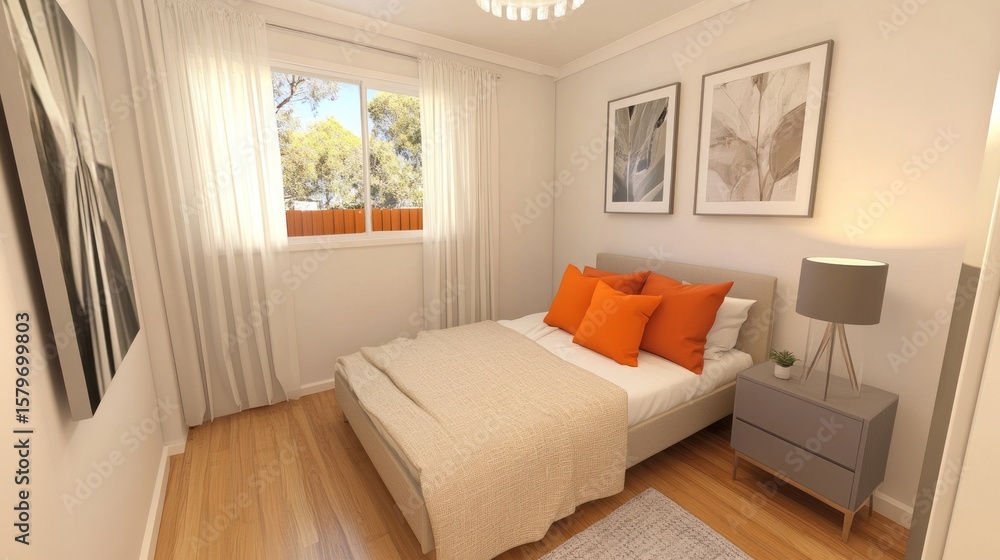 Fototapeta premium Interior of a small bedroom. Cozy modern design