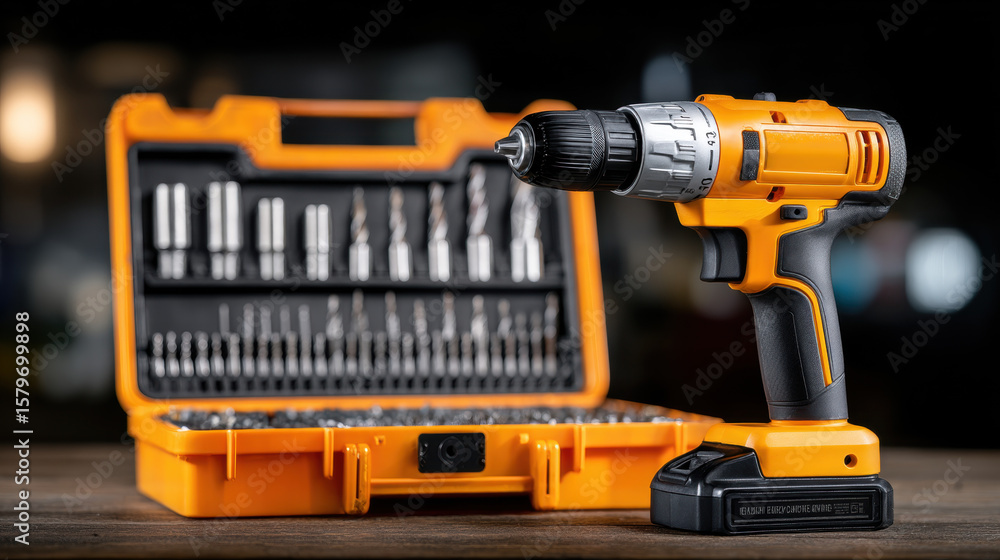 Fototapeta premium Cordless drill with set of drill bits orange toolbox wooden surface, close up shot showing drill black and yellow design, suitable for home improvement or construction projects, with blurred
