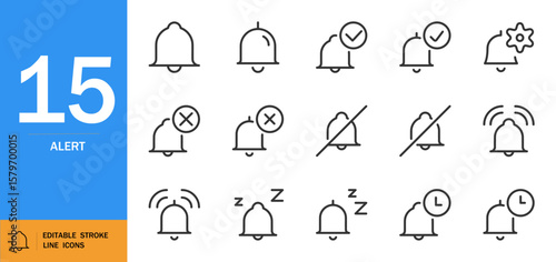 ALERT icon set. Minimal line vector symbols featuring bell, alarm clock, X/O signs, zzz sleep figure. Clean black & white design for notifications, sound, volume, sun protection. Editable stroke.