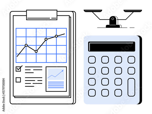 Clipboard with growth chart and checklist, calculator, and balance scales symbolizing financial management, analysis, and decision-making. Ideal for business, accounting, planning, strategy