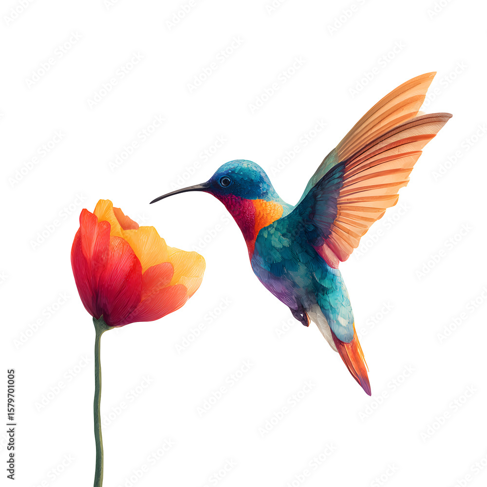Fototapeta premium Colorful hummingbird feeding on red flower isolated on transparent background