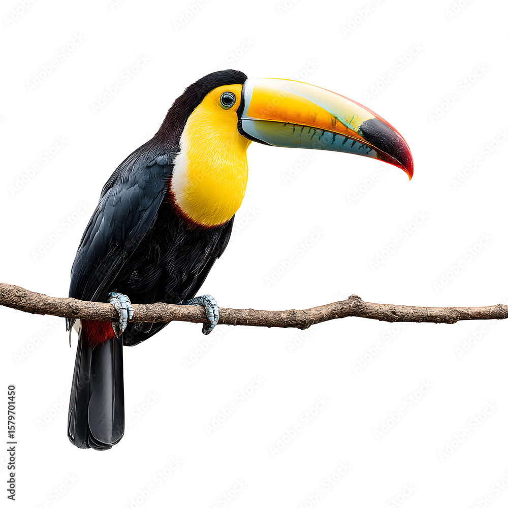 Fototapeta premium Colorful toucan bird with large beak perched on branch isolated on transparent background