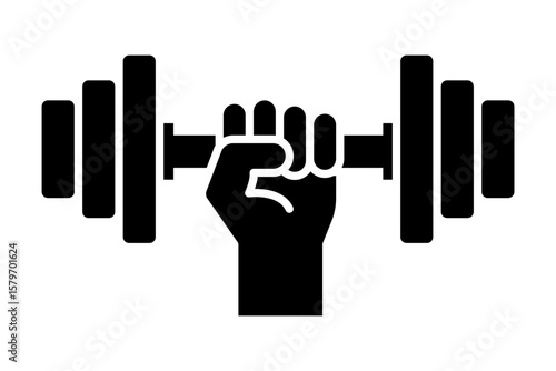 Dumbbell and barbell with hand black line icons set. Dumbbell weight vector. Gym dumbbell icon collection. Barbell and dumbbell silhouettes. Vector Illustration.