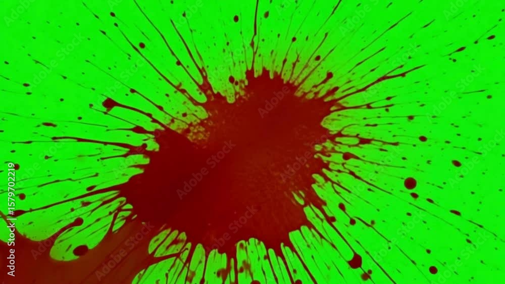 A blood splatter effect with dripping trails on a vibrant green screen background for visual effects use