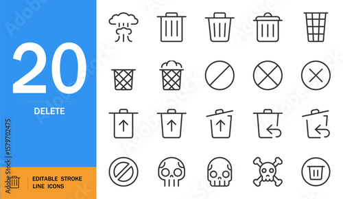 DELETE icon set. Minimal line art vector symbols. Trash, garbage can, no entry, cross-out, skull signs. Editable black stroke icons on white background.