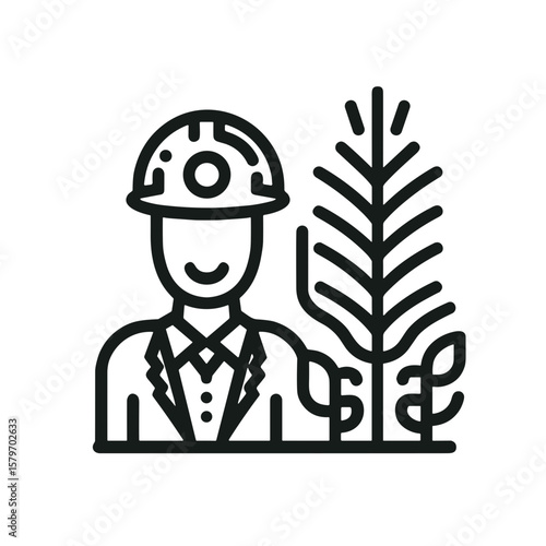 Black line icon of an agronomist or agroengineer with crop plant, minimalist agriculture and farm management symbol for eco farming and agrotechnology