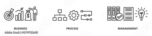 BPM - Business Process Management word lettering typography vector illustration with icons