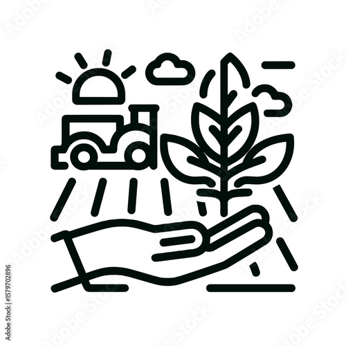 Line icon of a hand holding plant with tractor and sun, sustainable agriculture and eco farming concept for food production and environmental care