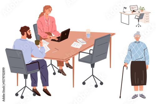 Office employees reviewing papers at a modern desk, including a laptop and coffee, while an elderly woman with a cane observes. Ideal for teamwork, caregiving, diversity, workplace, generational gap