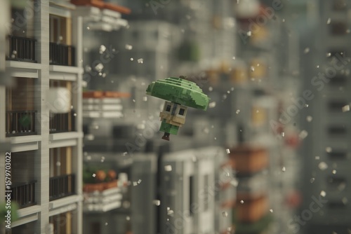 Pixel Art: Miniature Man Under Green Umbrella in Snowing Cityscape