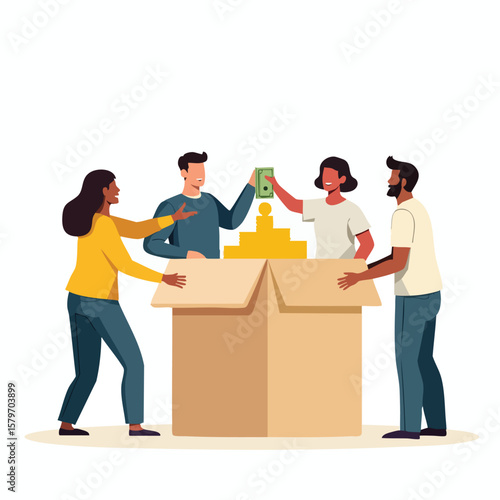 Team Contributing Money into Donation Box Together - Flat Vector Illustration