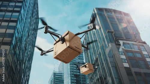 Futuristic smart city, Drones delivering packages in the sky modern office building