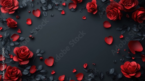 Red roses and hearts on a dark background
