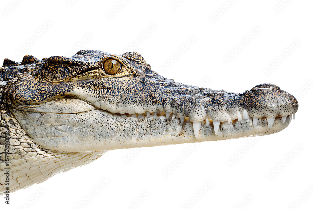 Fototapeta premium Close-up of crocodile head showing teeth and eye isolated on transparent background