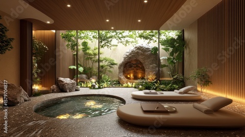 serene sanctuary showcasing a minimalist spa design with tranquil waterside setting lush greenery and relaxing loungers a harmonious blend of nature and modern luxury