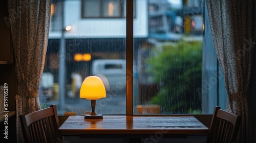 Rainy window view from a cozy room