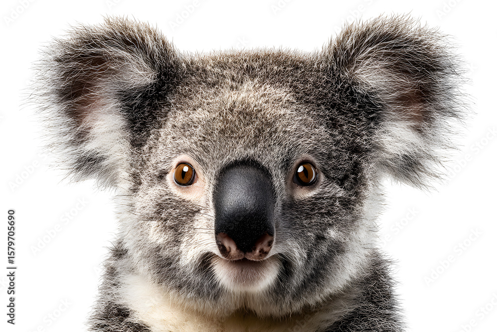 Obraz premium Close-up of cute koala face with fluffy fur isolated on transparent background