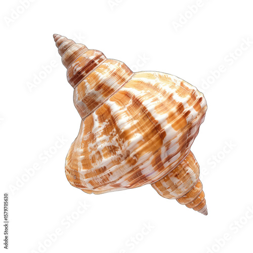 Detailed close-up of a seashell, showcasing intricate spiral patterns and creamy, tan, and white coloration