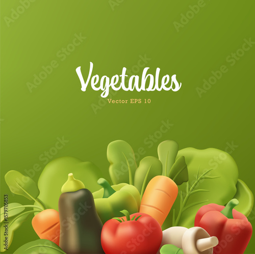 Fresh vegetables, 3D. Realistic image of vegetables on a green background. For concepts of naturally ecologically grown vegetables, promotional offers. Vector illustration.