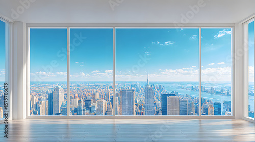Fototapeta Naklejka Na Ścianę i Meble -  A view from a modern office with a stunning city view.	The interior of a modern, empty high-floor office, looking out through a floor-to-ceiling window at a stunning, sunny city skyline.
