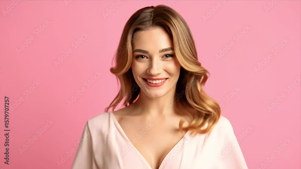 Woman with blonde hair blowing kisses, holding petals, pink background Woman with blonde hair blowing kisses, holding petals, pink background