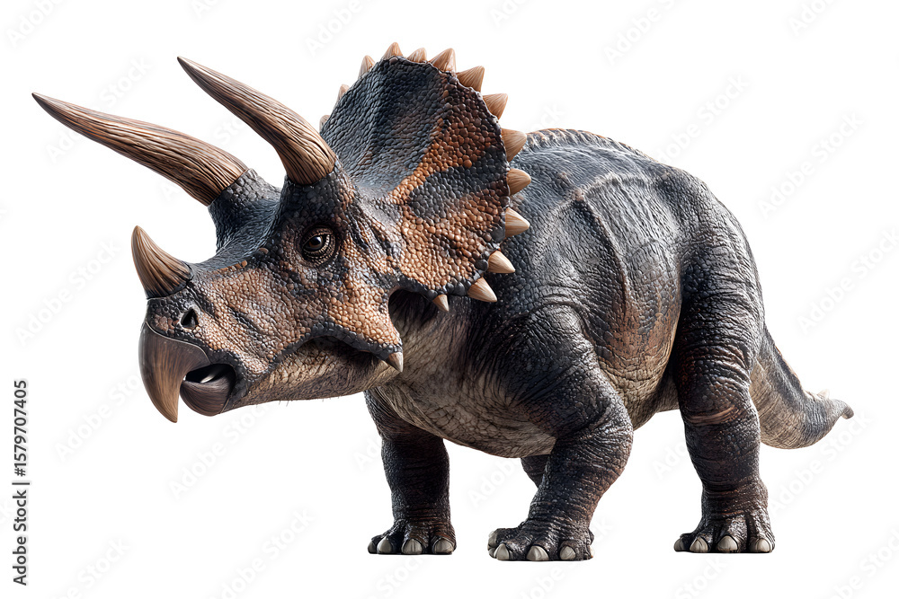 Fototapeta premium Realistic 3D model of a triceratops dinosaur with intricate textures and strong posture, isolated on transparent background