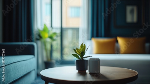 Cozy interior shot of a room with a small plant