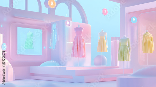 A pastel 3D fashion collection on digital mannequins, with crypto tokens floating and blockchain garment verification shown on soft, transparent screens.