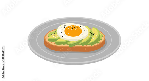 Avocado Toast with Fried Egg on Plate, Breakfast Healthy Food