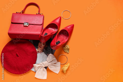 Stylish bag, magazine and d...