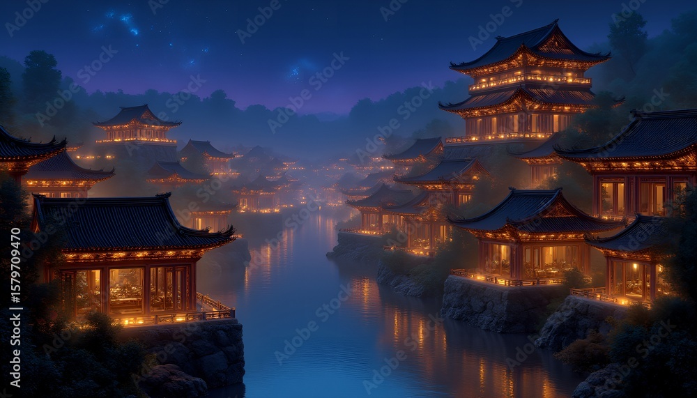 Obraz premium Lantern Night in Ancient City – Donghua Background