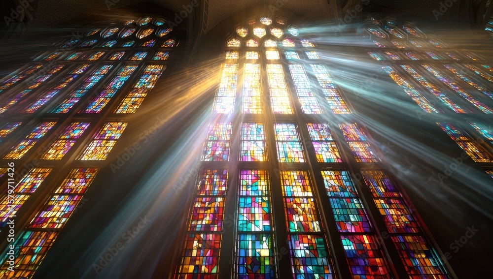 Obraz premium Sunlight through stained glass church windows
